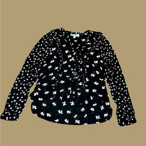 Solene Fox black cream floral blouse button down long sleeve size XS ruffles tie